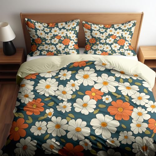 Generisch Bettwäsche Elfenbeingelb 2 teilig 135 x 200 cm Microfaser Bettwäsche Set Retro-Blumen Bettdeckenbezug Modern Deckenbezug Bettwaesche mit Reißverschluss