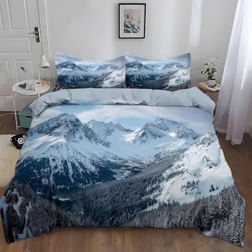 Bettwäsche 135x200 Schneeberg Bettbezug Set Weich Mikrofaser Bettwäsche-Sets Waldlandschaft Bettwäsche Set 3 Teilig 3D Druck Bettbezüge mit Reißverschluss und 2 Kissenbezüge D-2912
