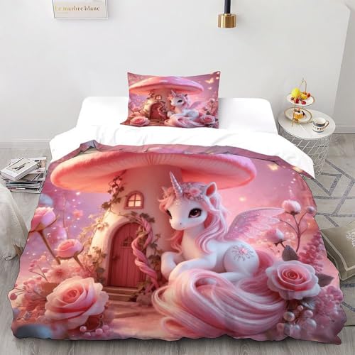 XIKMLSID Rose Einhorn 2-Stück-Set Europäischen Stil Bettwäsche niedliche Tiere 3D Design,Mikrofasern Pure Cotton,Für Erwachsene Und Kinder Geeignet,Mit 1 Kissenbezug Single?135x200cm?