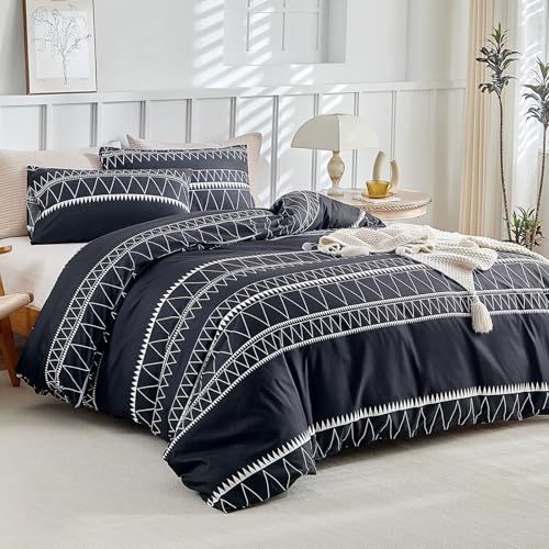 Lekesky Bedding Bettwäsche-Set 200x200 3 teilig-Mikrofaser Bettbezug Set mit Schickem Gestreift Muster, 1 Bettbezug 200x200 cm + 2 Kopfkissenbezug 80x80 cm, Schwarz