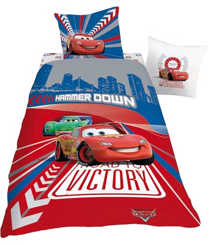 Disney Cars Kinder-Bettwäsche Double Cross Rot 135 x 200 cm + 80 x 80 cm 100% Baumwolle Renforcé-Linon-Qualität Lightning McQueen Noah Gocek mit Reißverschluss Deutsche Größe
