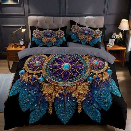 Türkis Lila Bettbezug 155 x 220 cm Geometrische Blumenfedern Mikrofaser Bettwäsche Set weich für Jugendliche Kinder Modern Schlafzimmer Dekor mit Kissenbezug 80 x 80 cm