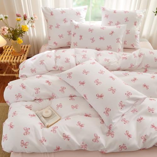 Lanqinglv Bettwäsche 135x200 Mädchen Rosa Weiß mit Schleifen Kinder Bettwäsche aus Microfaser,ÖKO-TEX Bettwäsche Set Allergiker - Weiche Bettbezug mit Reißverschluss und 1 Kissenbezug 80x80 cm