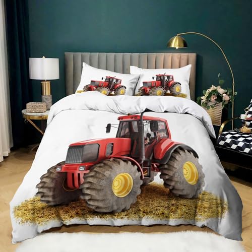 XCQHZYQ Bettwäsche Landwirtschaftlicher Traktor Weiß Bettbezug Set 135x200 cm für Kinder Jungen Mädchen Weich Atmungsaktiv Microfaser Betten Set mit Reißverschluss