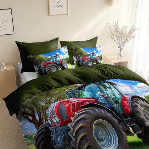 Ganzjahres Microfaser Wendebettwäsche, mit 1 Kissenbezug,Fotografiesti l Traktor Wald Bettbezüge 135 x 200 cm, 2 Teilig Waldgrün weiche und gemütliche Bettwäsche, für Allergiker geeignet