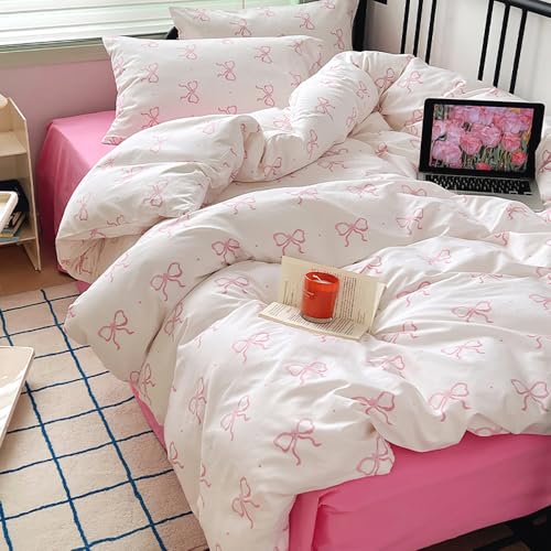 Covebett Bettwäsche 140x200 Mädchen Weiß mit Rosa Schleifen Aesthetic Bettbezug Set 2teilig Kawaii Pink Schleifenmuster Renforcé Microfaser Deckenbezug Reißverschluss und Kissenbezug 70x90 cm