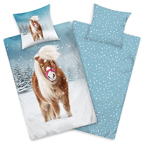 Aminata kids Biber Bettwäsche 135 x 200 Kinder Pferde-Motiv Mädchen Flanell Baumwolle, Reißverschluss, Kinder-Wende-Bettwäsche- Set Pony im Schnee, Flanellbettwäsche