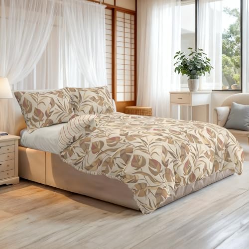 Générique Bettbezug, Blattmotiv, Bettwäsche 220 x 240 cm mit 2 Kissenbezügen 50 x 70 cm, Mikrofaser, weich und bequem, Beige und Braun, maschinenwaschbar