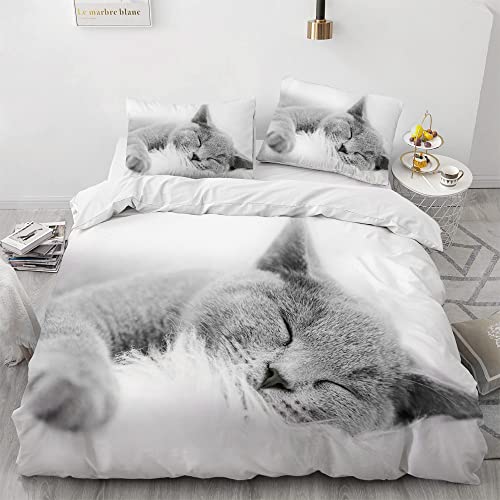 AOXHFNV Süßer Katze Bettbezug 3D Katzenmotiv 3 teilig Weiß Bettwäsche Set Passend für Kinder Bettwäsche Set 135×200cm mit 2 Kissenbezügen (135×200cm, grau)