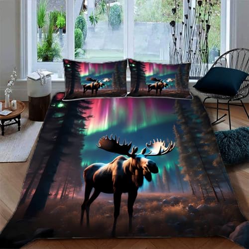 Zbeiba Bettwäsche 155x220,Kinder Bettbezug Set 3 Teilige mit 2 Kissenbezug,Elch im Wald mit Polarlicht Motiv?155x220+2 * 80x80,Sti6?