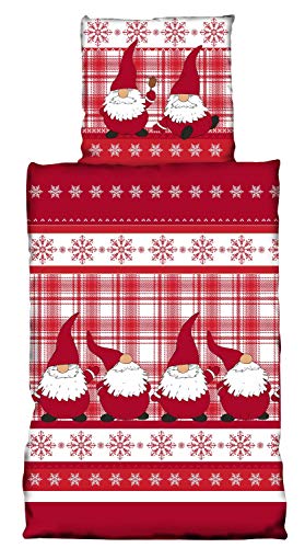 one-home Winter Bettwäsche 135x200 cm Kariert Wichtel rot weiß Thermofleece