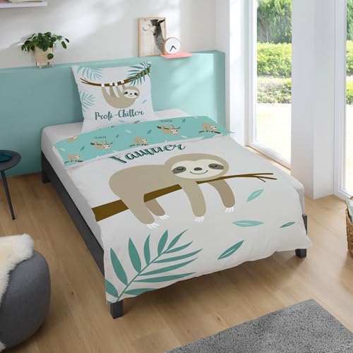 Familando Faultier Bettwäsche Set 2-teilig Decke 135x200 + Kissen 80x80 cm - Kinderbettwäsche aus 100% Baumwolle mit Reißverschluss - Oeko-Tex Motiv Profi-Chiller - Atmungsaktiv & Hautfreundlich