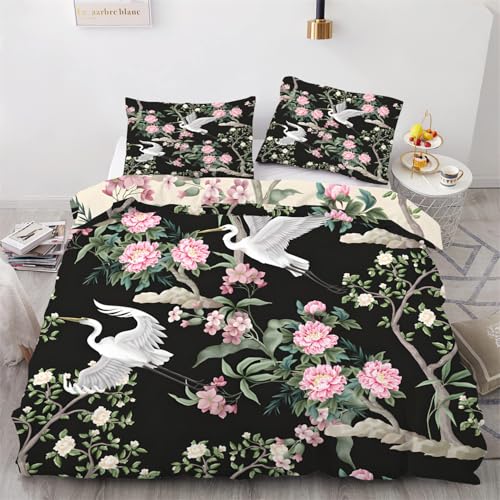 buyluhn Orientalisch Bettwäsche 135x200 Mädchen Mikrofaser Kinder-Wende-Bettwäsche- Set 3 Teilig Kuschel Blütenzweig Bettbezug 3D Muster Deckenbezug mit Reißverschluß mit 2 x Kissenbezug 50x75cm H16