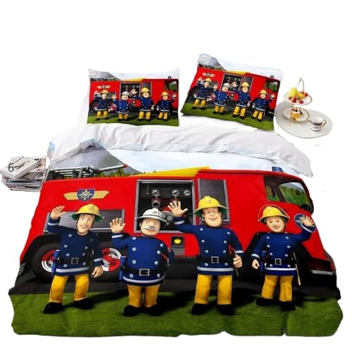 GOUVKEY Cartoon-bedrucktes Feuerwehrmann-Bettwäsche set „Feuerwehrmann Sam“ HD-Bettbezug Bettwäsche für Kinder Bettwäsche-Sets Schlafzimmerdekoration (155x220cm+75x50c,9)