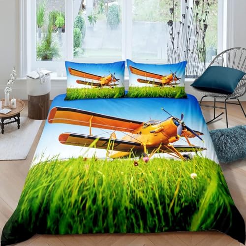 Oldtimer-Doppeldecker Bettwäsche 140x200 Maritimes Thema Bettwäsche-Sets für Kinder Jungen Bettbezug Set 3D Druck Bettbezüge Weiche Mikrofaser mit Reißveschluss und 2 Kissenbezüge L.1318