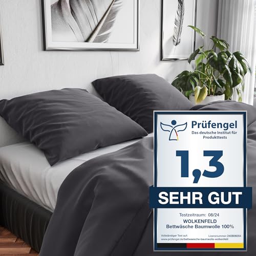 Wolkenfeld Bettwäsche 135x200 Baumwolle Grau - Atmungsaktiv - Renforcé Bettwäsche-Set mit 1x Bettbezug 135 x 200 + 1x Kissenbezug 80x80 - Anthrazit