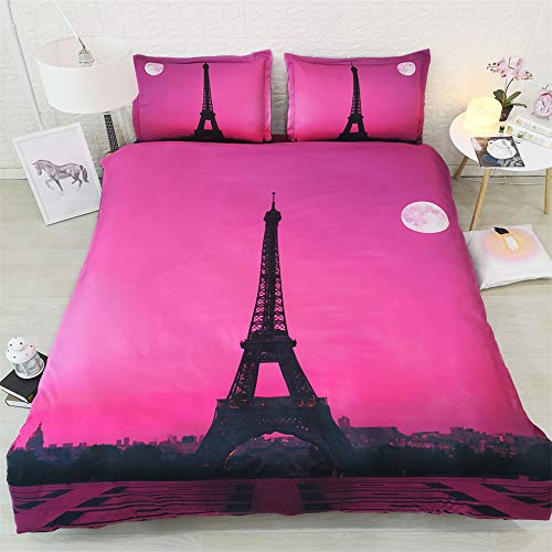3 Stücke Bettwäsche Set 400 Fadenzahl 100% Baumwolle Elegante Luxus Pariser Turm, Pink HD (1 + 2 Kissenbezüge 50x75 Cm) (1.2M Bed 135x200cm)