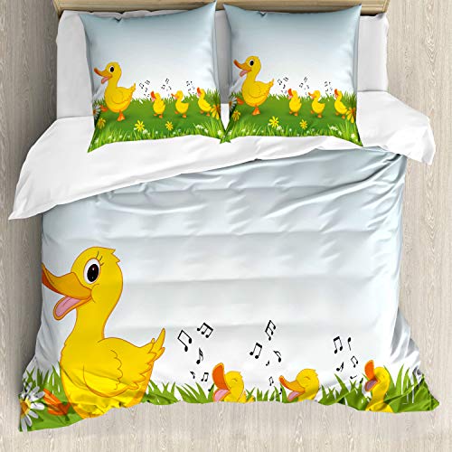 ABAKUHAUS Tier Bettbezugs Set Für Doppelbetten, Mutter Ente und Babys, Milbensicher Allergiker geeignet mit Kissenbezügen, Senf