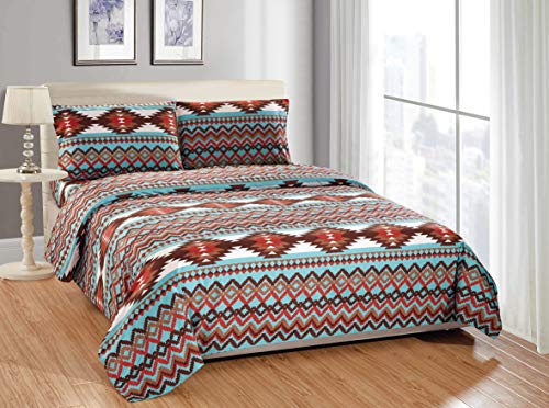 Rugs 4 Less Rustikale Southwestern Western Bettwäsche Set mit Navajo Tribal Indianermuster in Türkisblau und Braun - Utah Bettlaken-Set (Queen, Türkis)