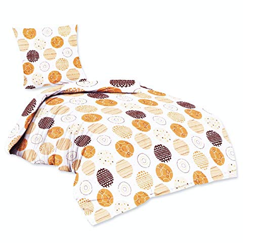 EXKLUSIV HEIMTEXTIL Flanell Bettwäsche Anouk 2 teilig Reißverschluss Kreise gelb-braun Marke 135 x 200 cm + 80 x 80 cm