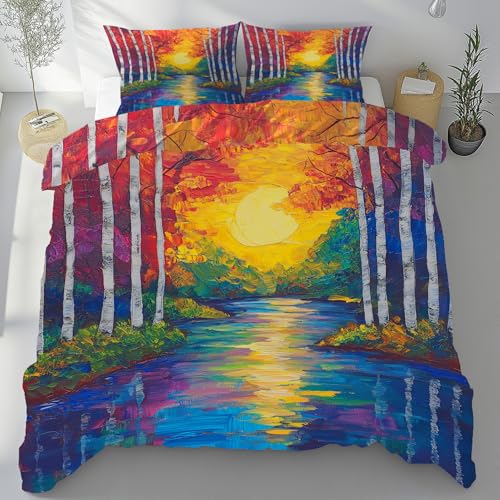 Gaqinhh Ölgemälde Stil Dschungel Bettwäsche 135x200cm, Herbst Wald Fluss Mikrofaser Bettwäsche 3teilig, Wendebettwäsche Reißverschluss 2 Kissenbezüge 80 x 80