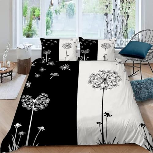 TACOKI Bettwäsche 220x240 Dandelion, 3D Muster Schwarz Weiß Bettwäsche Set Weich Kuschelig Mikrofaser Bettbezug mit Reißverschluss Bettbezüge + 2 Kissenbezug 80x80 cm c1841