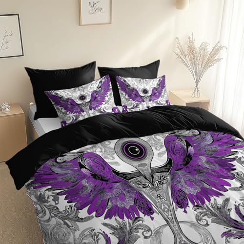 XCQHZYQ Kinderbettwäsche 135x200 cm Geheimnisvolles ägyptisches Muster Lila Flügel 3 Teilig Bettwäsche Bettbezug Set Grau Polyester Baumwolle Bettbezüge für Jungen Mädchen, Bettwäsche mit Kissenbezug