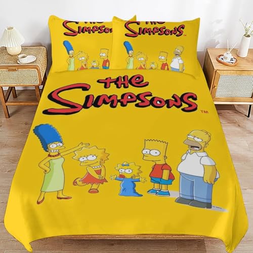 YINGD The Simpsons Bettwäsche-Set, Mikrofaser, 3D-Druck, leicht, 3-teiliges Bettdecken-Set für Kinder, Jungen, Mädchen