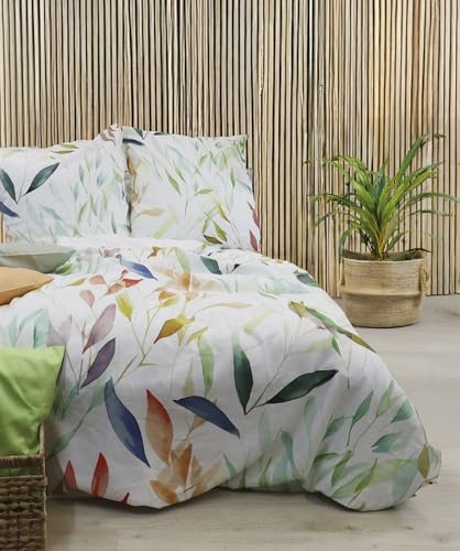 fleuresse Halbleinen Bettwäsche 155x220 Blätter Natur grün orange Wende 344499-9