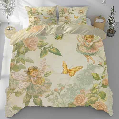 Tyafsgvqo Elfe Schmetterling Blumen Bügelfrei Bettwäsche 135x200 cm, Romantische Vintage Bettbezug 3 Teilig, Frankreich Landhausstil Bettwäsche Set Kühlend, Wendebettwäsche mit 2 Kissenbezug 80x80
