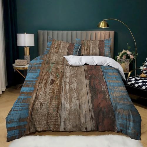 Bettwäsche 155x220 Vintage-Holz Bettbezug 155x220 3 Teilig Landhausstil Bettwäsche-Sets 3D Muster Weiche Mikrofaser Bettbezüge mit 2 Kissenbezug 80x80 cm D2953
