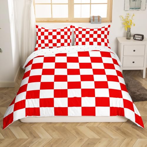 Feelyou Kariertes Retro-Bettwäsche-Set für Teenager, Damen, Herren, rot-weiß, kariert, Bettbezug, volle Größe, Kinder, Jungen, Mädchen, geometrisch, Vintage, Trösterbezug, modern, schlicht, groovig