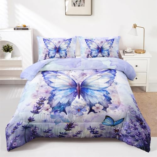 3-teiliges Bettwäsche-Set mit Schmetterlings-Blumenmust er, lila Lavendel, Bettwäsche-Set für Mädchen und Erwachsene, Schlafzimmer- oder Raumdekoration, Ganzjahresdecke, Mikrofaser-Steppdecke mit 2