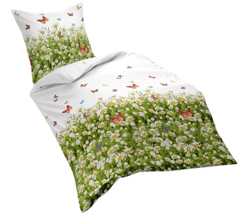  Mako Satin Bettwäscheset , frühlingshafte Blumenwiese, Farbe: bunt/weiß/grün, sommerliche Wohlfühl Bettwäsche, 100% Baumwolle, 135x200 cm inkl. 1 x 80x80 Kissen