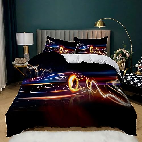 YBRAVO Kinderbettwäsche 135x200 Sportwagenrennen Bettbezug Set Microfaser Weiche Bettdeckenbezug mit Reißverschluss und 2 Kissenbezug 80x80cm, für Jungen Mädchen