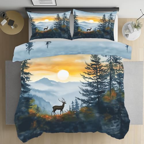 Kioldoq Sikahirsch Tier Bettwäsche 135x200 Microfaser, Berg Sonne Bettwäsche Kühlend Sommer, Elch Wald Bettbezuge Mit Reißverschluss 3 Teiliges, Wendebettwäsche Und Kissenbezug 80x80 cm