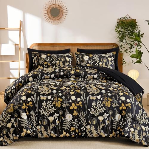 Lanqinglv Bettwäsche 155x220 cm Schwarz Gelb Blumen Blätter Wendebettwäsche Pflanzen Bettbezug mit Reißverschluss und 1 Kissenbezug 80x80,ÖkoTex Bettwäsche für Allergiker Geeignet