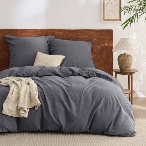 BEDSURE Bettwäsche 155x220 Baumwolle 3teilig - Bettwäsche-Sets Anthrazit Bettbezug mit 2 Kissenbezüge 80x80 cm, Ähnliche Textur wie Washed Leinen, Oeko-TEX Bedding Grau mit Reißverschluss