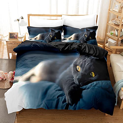 ZLJBB Bettwäsche 135x200 Blaue Katze, Weiche Mikrofaser Bettwäsche-Set, Bettbezüge mit Reißverschluss,1 x Bettbezug + 2 Kissenbezug 80x80 cm für Kinder Jungs Mädchen