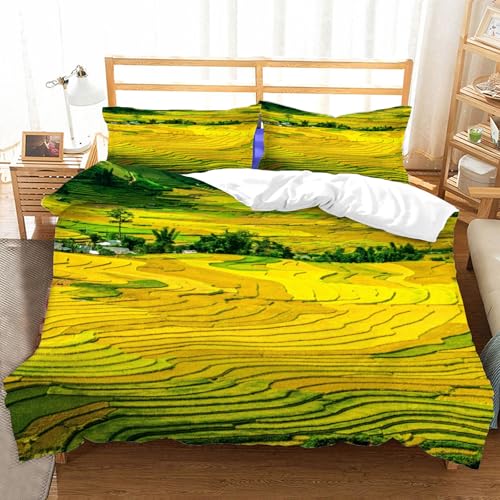 Hongduo 3D Pastorales Leben Bettwäsche 135x200 cm Weich Mikrofaser Landhausstil Grün Bettwäsche-Sets mit Reißverschluss 3 Teilig Bettbezüge mit 2 Kissenbezug 80x80 cm
