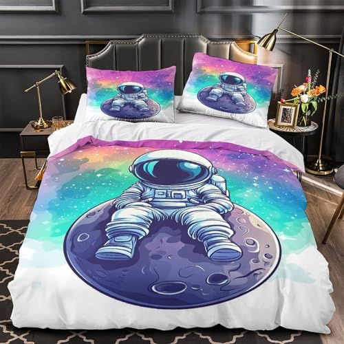 FPAKAKIIE Astronaut sitzt 3D Bedruckt Bettbezug 3teilig Mikrofaser hautfreundlich Weltraum-Cartoon Bettdeckenbezug 2 Kissenbezüge fleckenfest Familienzimmer Deko Single?140x200cm?