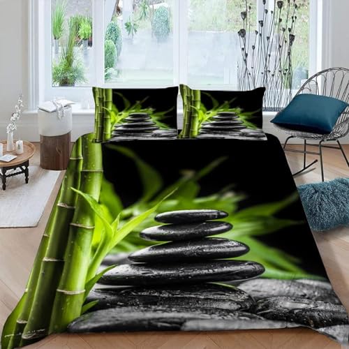 Bettwäsche 155x200 Orientalisches Asien Bettwäsche-Sets Grüner Bambus und Schwarzer Stein Bettbezug mit Reißverschluss 3D Weiche Mikrofaser Bettbezüge mit 2 Kissenbezüge 80x80 cm A-6738