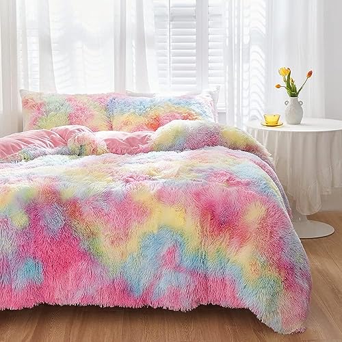 DXHOME Plüsch Bettwäsche 155x220 Winter Flauschig Muster Bettbezug Bunt Kuschelig Warm Flanell Biber Bettwäsche 3teilig für Kinder Mädchen Weihnachten mit Reißverschluss und 2 Kissenbezüge 80x80 cm
