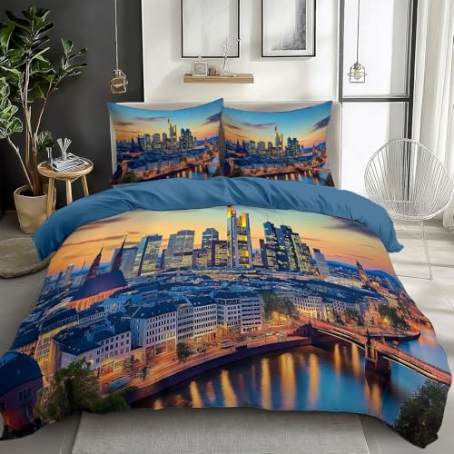 Generisch Blau Bettwäsche 135x200 cm Städtische Wolkenkratzer in Deutschland 3teilig Bettbezüge Set Wende Bettwäsche aus Polyester Baumwolle mit Reißverschluss, Bettwäsche-Sets Weich und Bügelfrei