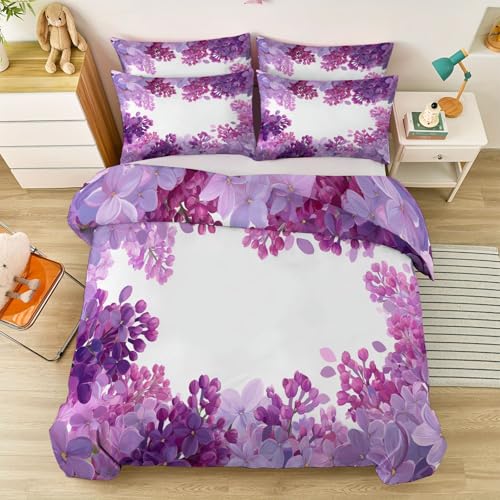 155 x 220 cm Bettwäsche, Blumen Elegant Flieder Angenehm Weich Microfaser Bettbezug-Set Mit Reißverschluss, Lila für Teens Jungen und Fans Mädchen Bettbezug Kinder