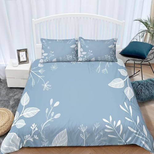 Bettwäsche 200x200 Hellblau Bettwäsche-Sets Atmungsaktive Angenehme Bügelfrei Microfaser 3D Bettbezug Handgemalte Blätter mit Reißverschluss und 2 Kissenbezüge b-2602