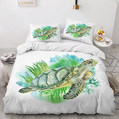 VOSILE Meeresschildkröte Bettwäsche 200x220, Maritimes Thema Muster - Weiche Microfaser Bettwäsche-Sets 3 Teilig - 1 Bettbezug mit Reißverschluss + 2 Kissenbezug 80x80 cm