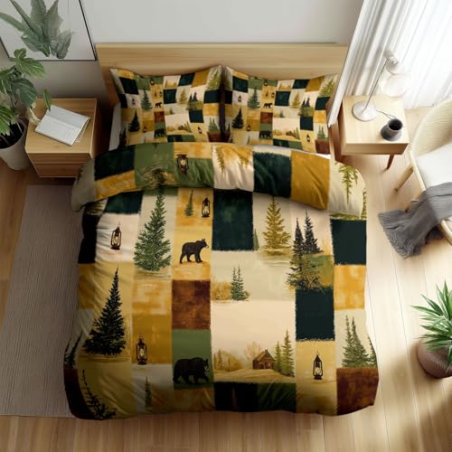 Patchworkquadrate Elch Bär Bettwäschezug Set 135 x 200 cm, Gelb Bettbezug Set, Leichtgewichtig Betten Set mit Reißverschluss, für alle Jahreszeiten Bequem und Atmungsaktiv Weich Bettwäsche