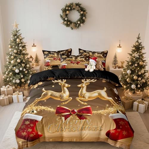 DXHOME Bettwäsche 135x200 Weihnachten Gold Rot Wintermotiv Bettwäsche-Set für Mädchen Jungen Geschenke für Kinder Weiche Mikrofaser Bettbezug mit Reißverschluss + 1 Kissenbezug 80x80cm