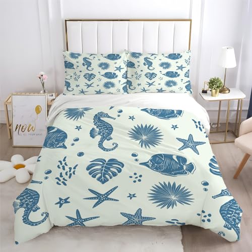 HYSNKSM Bettwäsche 155x220 Fisch Bettwäsche Sets 3Teilig Mikrofaser Bettbezug 155 x 220 und 2 Kissenbezug 80x80 cm Kuschelige Bettbezüge Maritim Reißverschlus